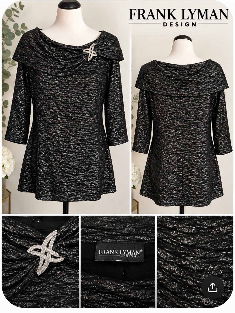 Frank Lyman Design Black Metallic Knit Boatneck Tunic